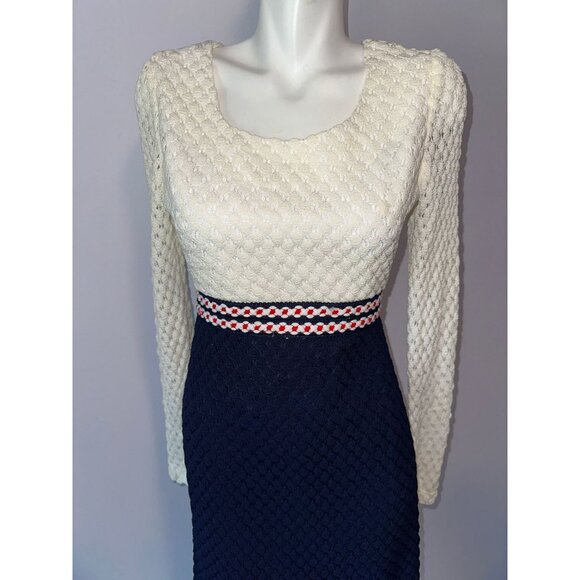 Vtg 70s Red White Blue Knit Crochet Style Maxi Mod Dress Long Sleeve Size Small - Picture 2 of 5